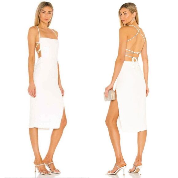Revolve NBD Lace Up Square Neck Midi Dress White Size S Side Slit Open Back - Picture 1 of 10